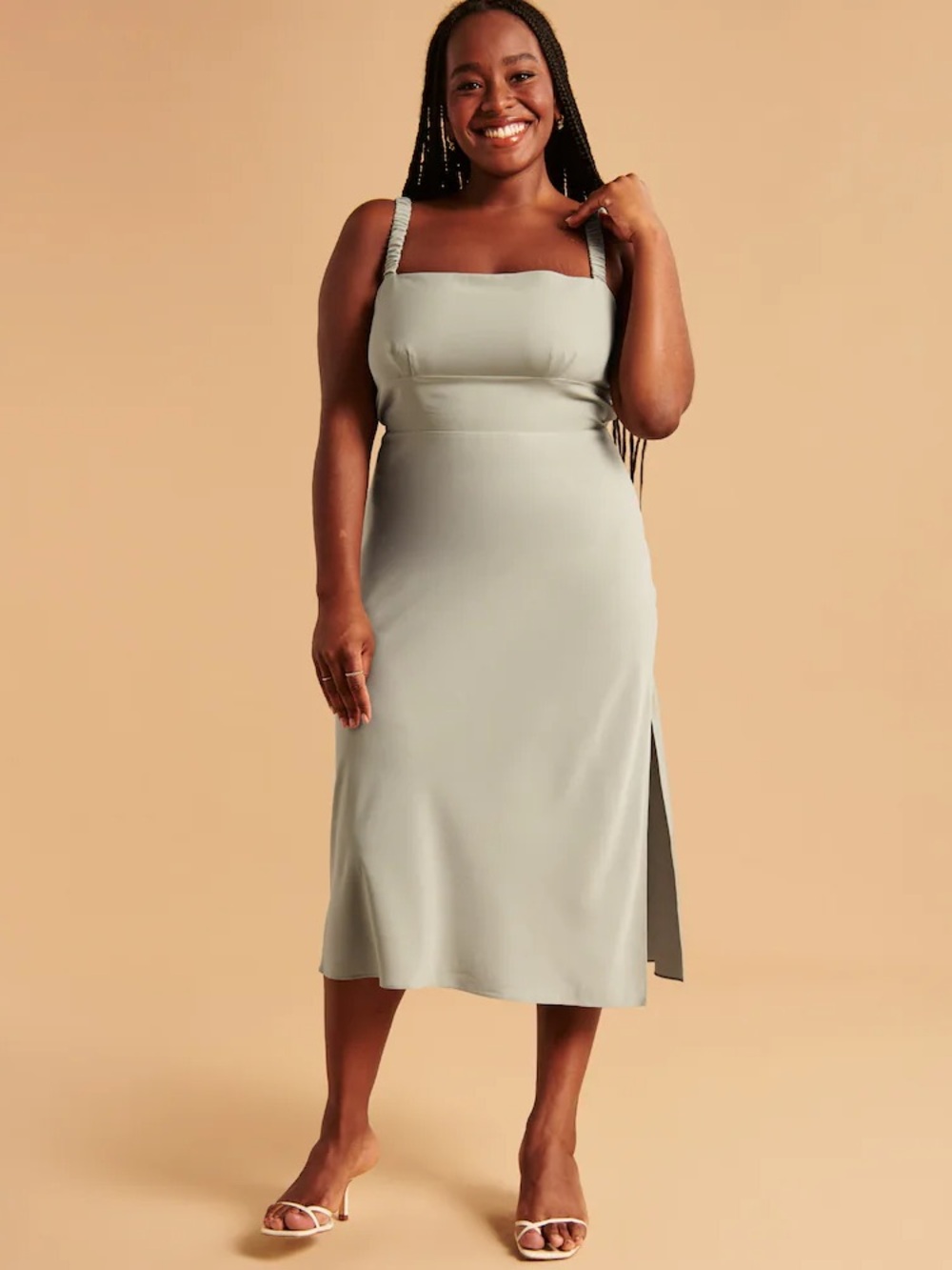 Abercrombie & Fitch Light Sage Square-Neck Midi Dress with Braided Straps